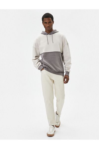 Koton Oversize Hooded Sweatshirt with Stitching Detail, Kangaroo Pocket, Color Block