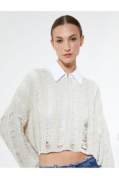 Koton Openwork Sweater Crop Knitted Crew Neck Comfortable Cut Cashmere Textured
