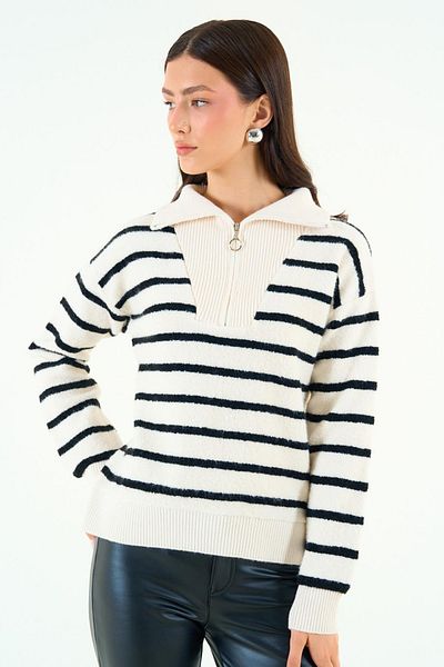 Qu Style Pulover cu fermoar cu gât cu dungi crem-negru TK 231241