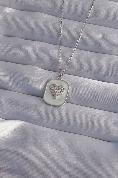 AfraBeauty 316L Stainless Steel Marble Pattern Heart Necklace |   Silver Color Zircon Stone Women's Necklace