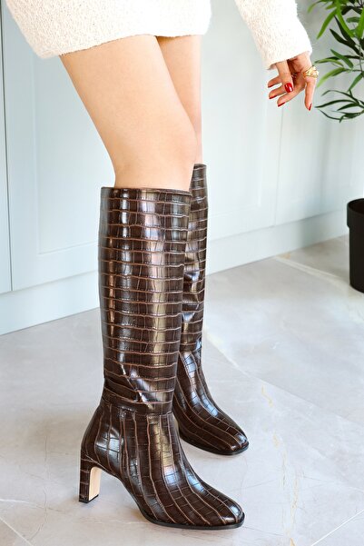 POLKA STORE Kinda Bitter Brown Croco Heeled Below Knee Blunt Toe Zippered Matte Leather Women's Boots