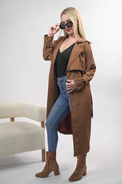 msm fashion Kadın Trençkot Uzun Kuşaklı Düğmeli Cepli Kruvaze Yaka Mevsimlik Trençkot