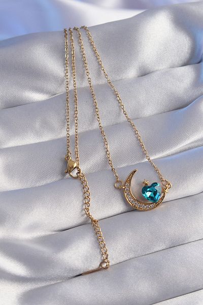 AfraBeauty 316L Stainless Steel Gold Moon Figured Blue Zircon Women's Necklace