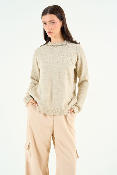 Qu Style Light Beige Crew Neck Sweater with Stone Detail - Tk 241129