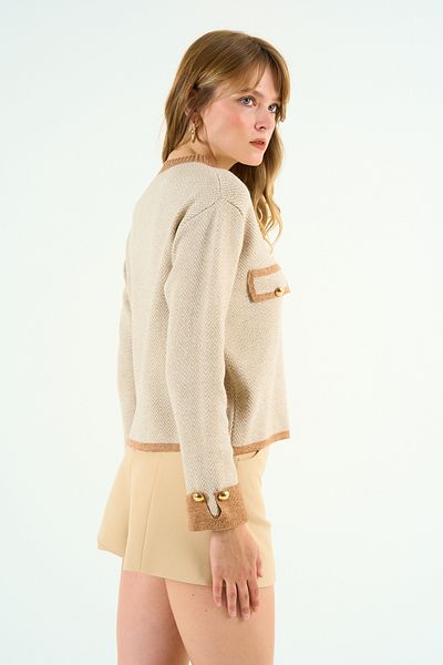Qu Style Cream-Beige Colored Cardigan with Pockets Th 241034