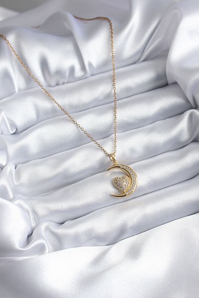Clariss 316L Steel Gold Color Crescent Heart Model Zircon Stone Detail Women's Necklace