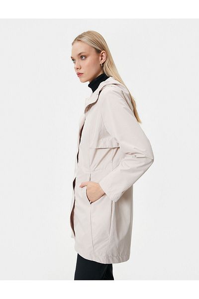 Koton Hooded Long Outdoor Coat - Pocket Detailed Snap Fasteners