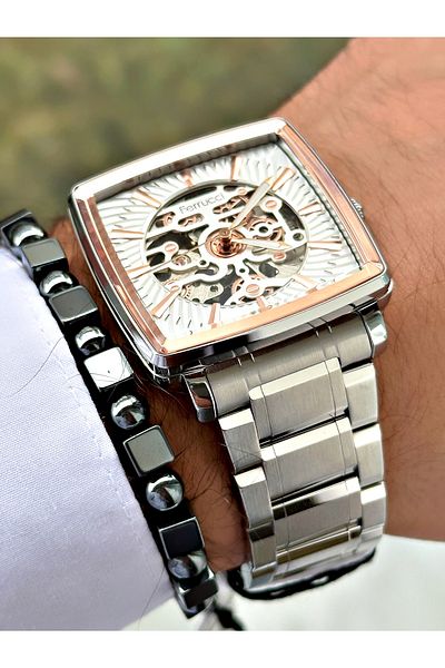 Ferrucci Silver Color Automatic Square Business Mechanism Men's Wrist Watch + Bracelet