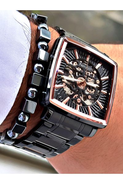 Ferrucci Black Color Automatic Square Business Mechanism Men's Wrist Watch + Bracelet
