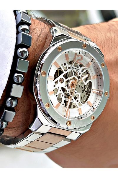 Ferrucci Bronze Silver Color Business Automatic Mechanism Men's Wrist Watch + Bracelet