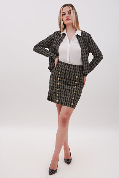 Blue Petrol Women's Long Sleeve Jacket Skirt Button Detailed Plaid Suit