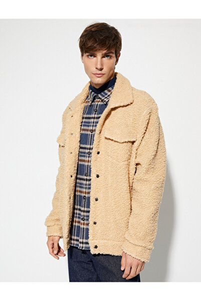 Koton Oversize Plush Jacket Double Pocket Polo Collar Snap Button