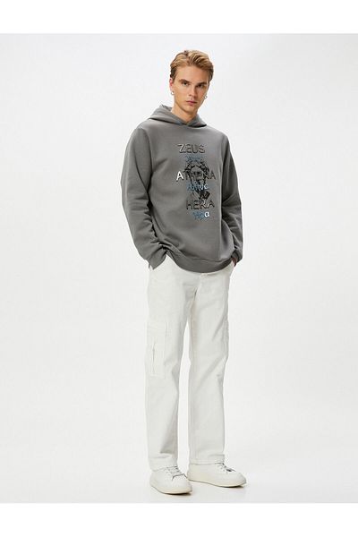 Koton Mythology Themed Hooded Sweatshirt - Printed, Ribbed, Long Sleeve, Raster