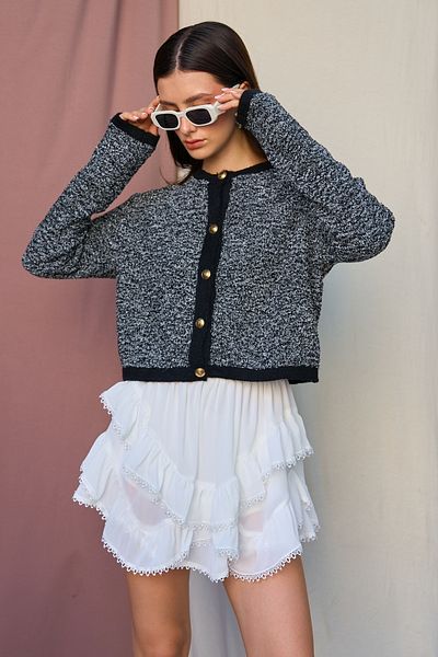 Qu Style Black-Bone Wrinkled Cardigan Th 241048