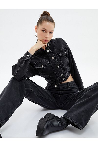 Koton Cotton Crop Denim Jacket - Prevailing Collar, Buttoned Flap Pocket