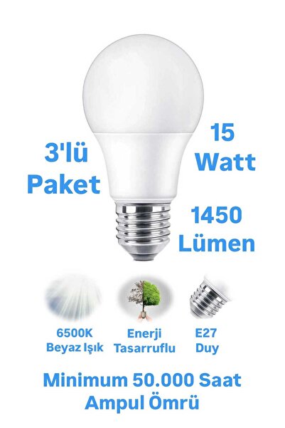 repplam 3 Adet 15W Beyaz Işık LED Ampul 1450 Lümen E27 Duylu Yüksek Işık LED ...