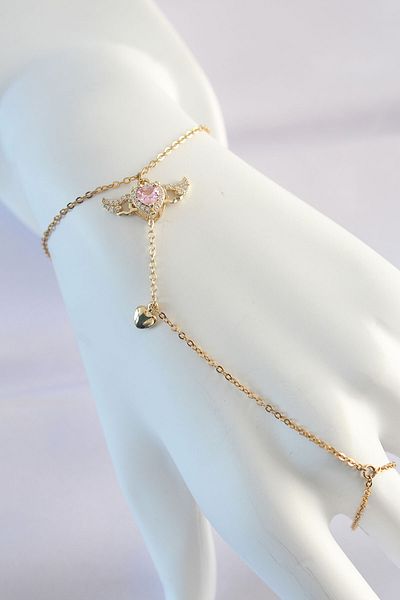 E NATIONAL 316L Steel Gold Color Pink Zircon Stone Winged Heart Model Şahmeran