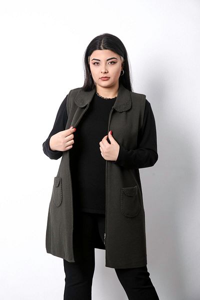 Laden Women's Khaki Knitwear Woolen Handcrafted Fuzzy Long High Quality Thick Mother Vest