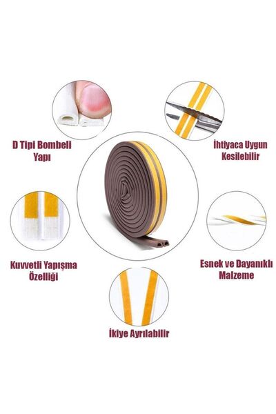 Badem10 Yapışkanlı 5x2=10 Metre (KAHVERENGİ) Kapı Pencere Bandı Fitili Soğuk Izolasyon Kauçuk Bantları