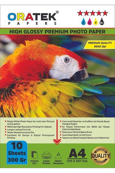 ORATEK Epson 103 L3210 Photo Paper A4 Premium Glossy Double Sided 300 Gr.10 Pieces