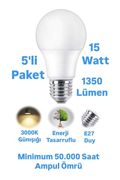repplam 5 Adet 15W Günışığı LED Ampul 1350 Lümen E27 Duylu Yüksek Işık LED Lamba