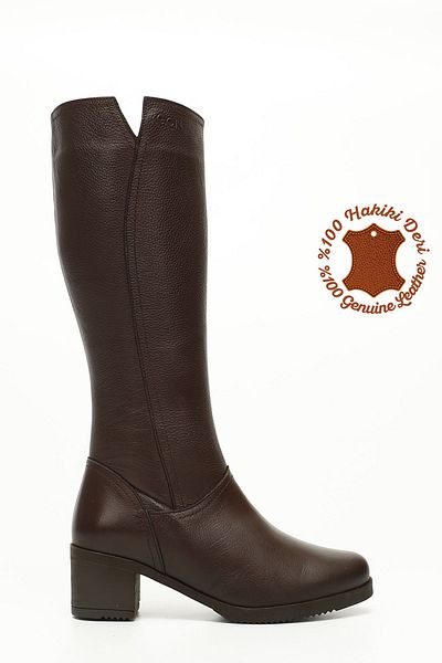 GÖNDERİ(R) Dark Brown Floater Genuine Leather Round Toe Rubber Sole Heeled Zippered Women's Daily Boots 4