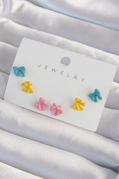 soonaksesuar Brass Colorful Enamel Minimal Bow Earring Set