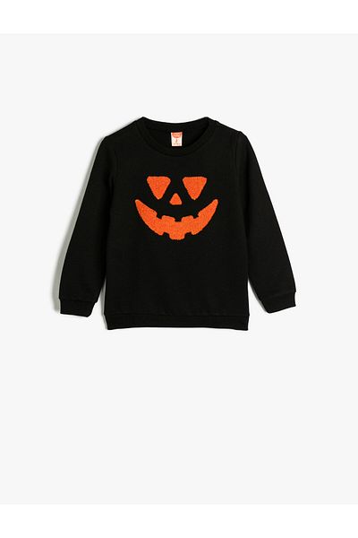 Koton Sweatshirt mit Kürbismuster, Rundhalsausschnitt und langen Ärmeln aus Baumwolle