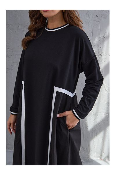 Elif Özbey Butik Black Stripe Detailed Long Sleeve Dress
