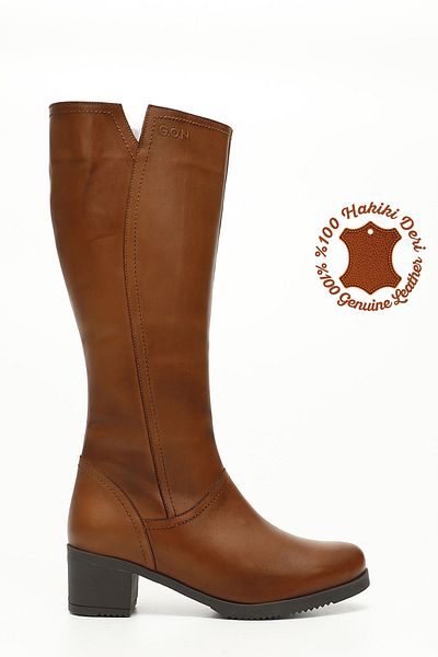 GÖNDERİ(R) Women's Tan Antique Zippered Thick Heeled Genuine Leather Boots