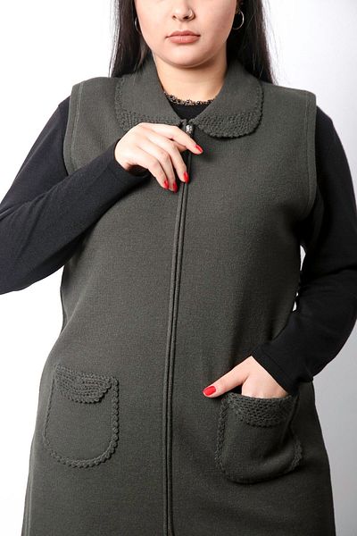 Laden Women's Khaki Knitwear Woolen Handcrafted Fuzzy Long High Quality Thick Mother Vest