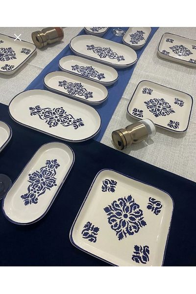 MTD SERAMİK Scandinavian Blue Pattern Luxury Breakfast Set 14 Pieces for 6 People