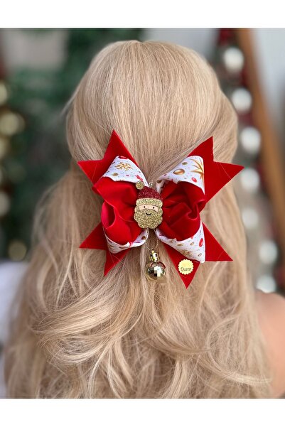 QUEEN AKSESUAR Red New Year's Special Design - Santa Claus Velvet with Swinging Ball and Bow Clip