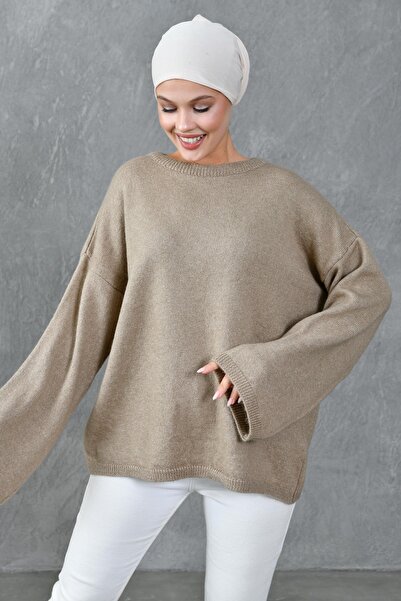 bayansepeti Wide Sleeve Off Shoulder Crew Neck Long Sleeve Mink Oversize Knitwear Hijab Sweater 4091