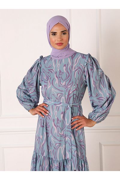 Refka Balloon Sleeve Zebra Pattern Chiffon Hijab Dress - Indigo Lilac - Refka