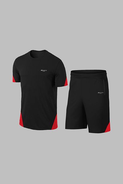 POSEIDON STORM Комплект мъжки спортни шорти с къс ръкав, размер Plus Size, черен Dri-Fit, удобен, с джобове (4XL)