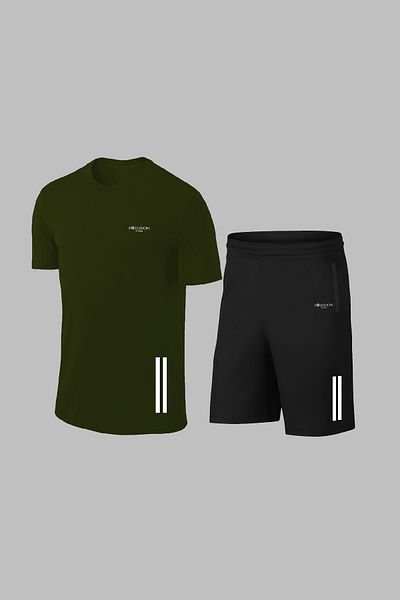 POSEIDON STORM Комплект мъжки шорти с щампа и тениска Dri-fit в цвят каки, големи размери, за ходене и бягане (4XL-10XL)