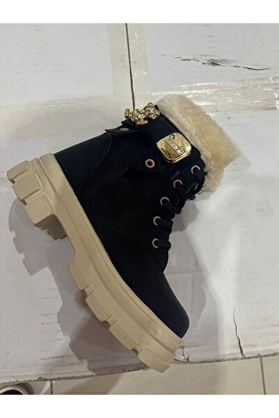 Milano Kız Botu Kalın Taban Siyah-Bej