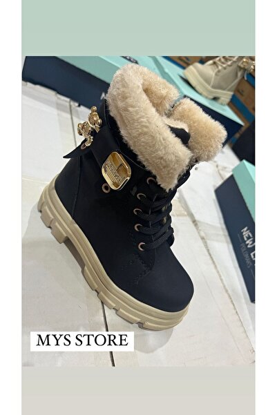 Milano Kız Botu Kalın Taban Siyah-Bej