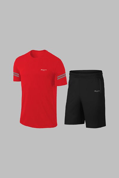 POSEIDON STORM Комплект от две части, мъжки червени Dri-Fit платнени шорти с джобове и удобна спортна тениска, размер Plus Size
