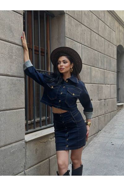 CHOKOSH BUTİK Navy Blue Denim Jacket and Skirt Set - Gold Button Detail