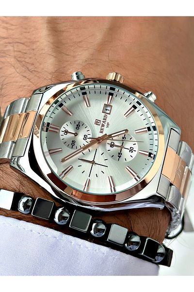 Reward Silver Color Function Steel Cord Men's Wrist Watch + Bracelet