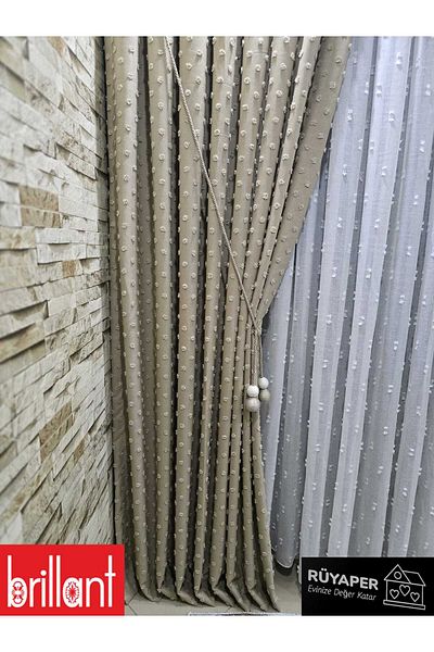 Brillant Rüyaper New Season Mink Color Linen Background Curtain with Dots and Beards