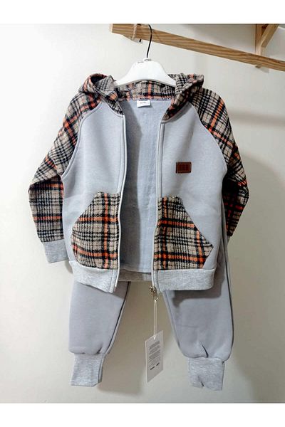 krm kerem bebe Thick Winter Fleece Inside Zippered Hooded Children's Tracksuit Set