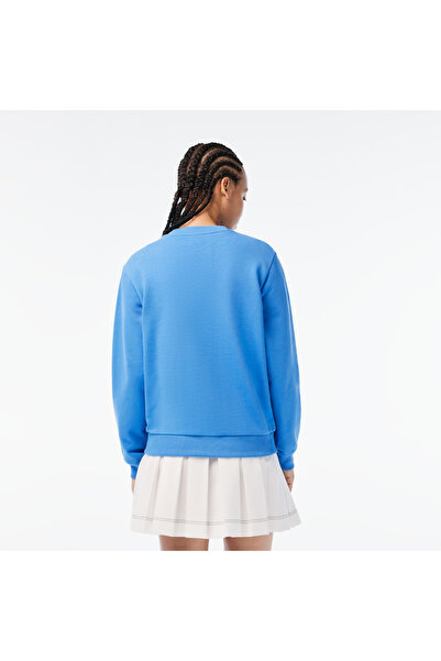 Lacoste x Netflix Kadın Loose Fit Bisiklet Yaka Baskılı Mavi Sweatshirt