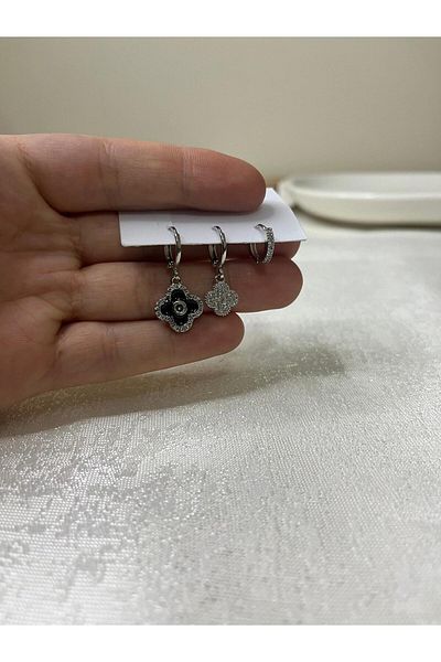 Mog Concept Set of 3 Zircon Stone Silver Color Black Clover Earrings