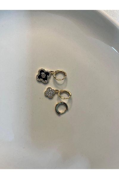 Mog Concept Set of 3 Zircon Stone Gold Color Black Clover Earrings