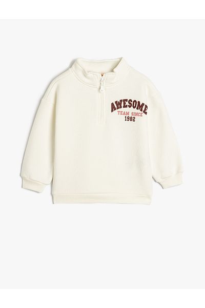 Koton Printed Raised Long Sleeve Sweatshirt with Stand Collar and Half Zipper