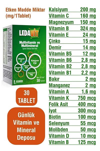LedaPharma Multivitamin Mineral 30 Tablets (CALCIUM MAGNEZIUM ZINCO IRON ETC.)