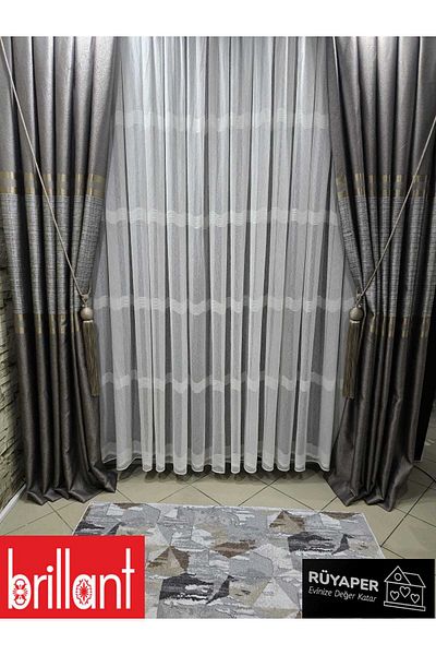 Brillant Rüyaper New Season Lower and Upper Mink Middle Belly Gray Gold Bordered Background Curtain